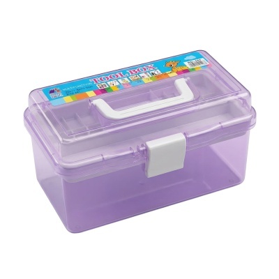Estojo de ferramentas plástico lilás translúcido com fecho e pega brancos