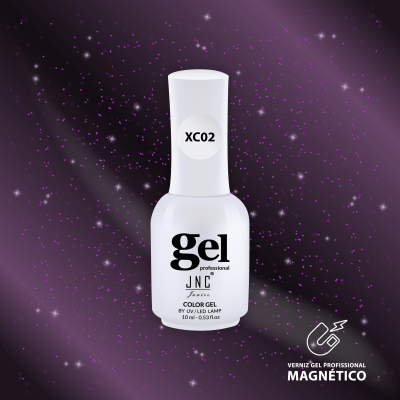 Frasco de verniz gel branco com texto e código XC02 num fundo roxo estrelado