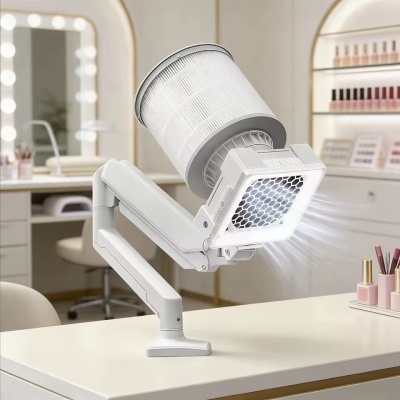 Dispositivo branco com braço articulado e filtro cilíndrico num salão de beleza