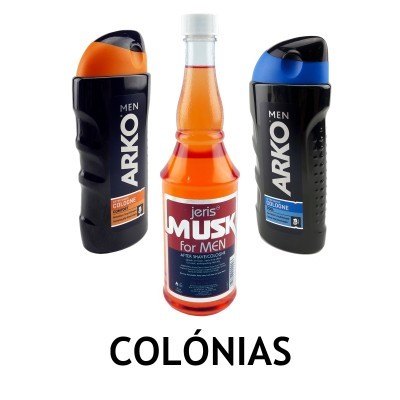 Três frascos de colônia para homem, dois plásticos Arko Men com tampa laranja e azul e uma garrafa de vidro Jeris Musk for Men