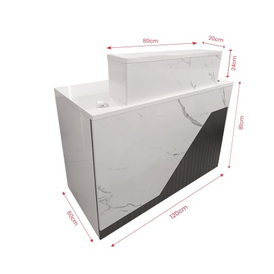 Balcão moderno branco com detalhes pretos e textura, medidas indicadas