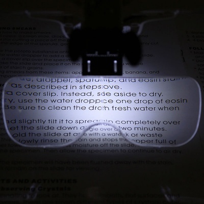 Página de texto ampliada por um microscópio sobre mesa