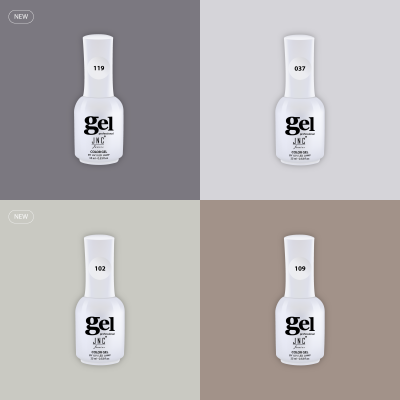 Frascos de verniz gel JNC numerados 119, 037, 102 e 109 com tampas brancas sobre fundos coloridos.