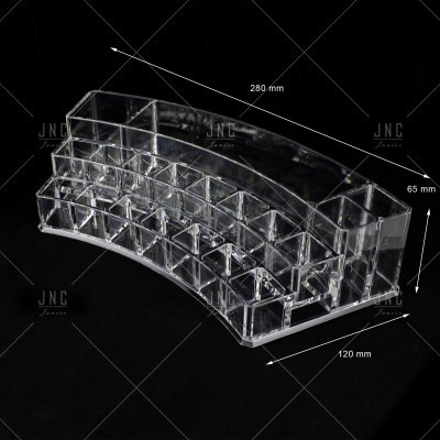 Organizador acrílico transparente com várias divisórias em fundo preto