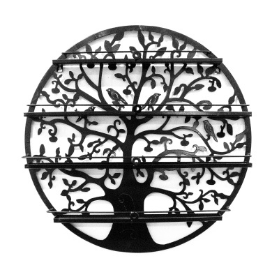 Estante de parede redonda em metal com design de árvore e pássaros