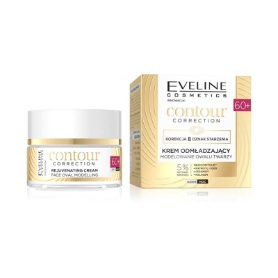 Creme rejuvenecedor Eveline Cosmetics Contour Correction 60+, vidro e caixa amarela com branco e rosa