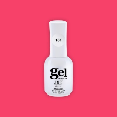 Frasco branco de verniz gel para unhas com tampa branca e rótulos pretos, fundo rosa.
