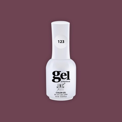 Frasco branco de verniz gel para unhas com texto preto e fundo roxo