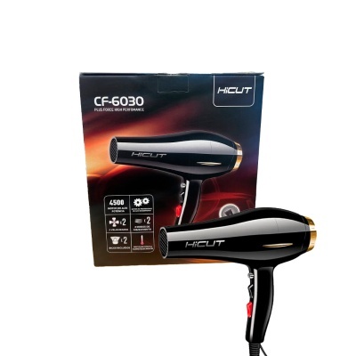 Secador de cabelo preto HICUT modelo CF-6030 junto à embalagem preta com texto e ícones