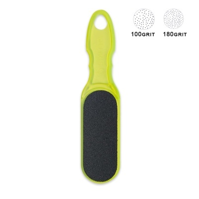 Lixa para pés verde com superfície preta e ícones de granulação 100 e 180 grit