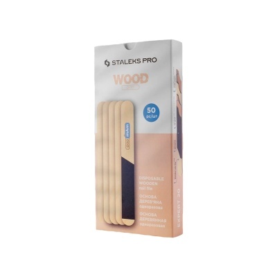 Embalagem de limas de unha de madeira STALEX PRO WOOD, com texto e design em branco, bege e azul.