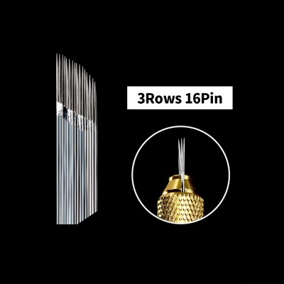 Agulhas metálicas organizadas em 3 filas com detalhe dourado e texto 3Rows 16Pin