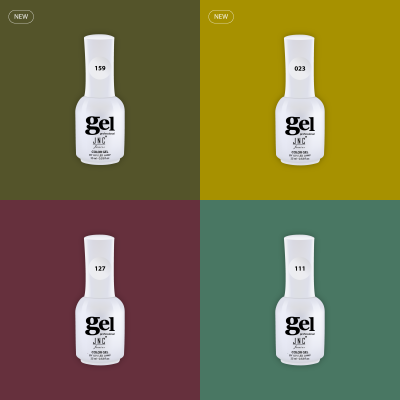 Quatro frascos de verniz gel branco com números e fundo colorido em tons verde-oliva, amarelo-mostarda, vinho e verde-azulado