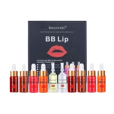 Conjunto de ampolas de soro labial BB Lip em embalagem preta com lábios vermelhos