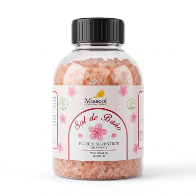 Frasco de plástico com cristais cor-de-rosa e etiqueta decorativa