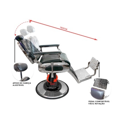 Cadeira de barbeiro preta com ajustável apoio de cabeça e pedal confortável