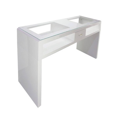 Secretária branca com tampo em vidro e gaveta