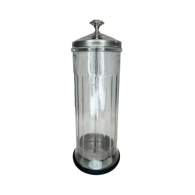 Frasco alto transparente com tampa e base prata