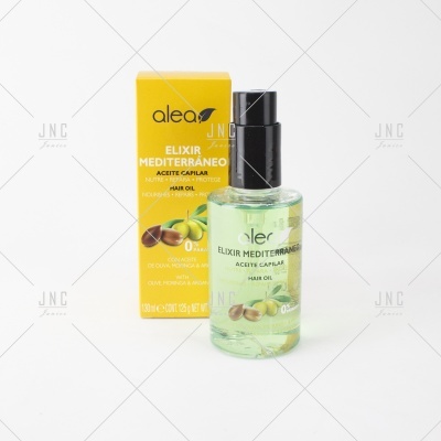 Óleo capilar Alea Elixir Mediterrâneo em garrafa transparente com tampa preta e caixa amarela.