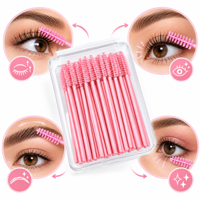 Caixa com 20 aplicadores rosa para pestanas e sobrancelhas com imagens de uso em olhos castanhos.