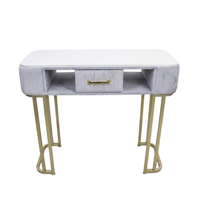 Secretária cinzenta com tampo branco e pernas douradas