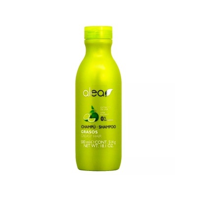 Frasco verde de champô Alea para cabelo gordo com texto e imagem de limão