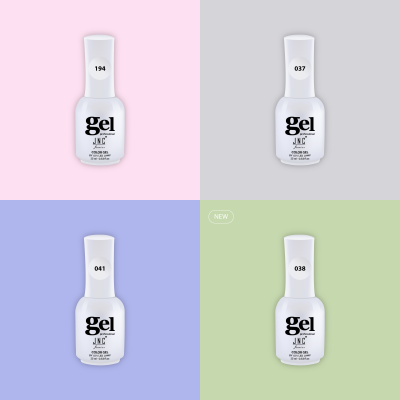 Quatro frascos brancos de verniz gel JNC em fundos de diferentes cores pastel com números e etiqueta 'NEW'.