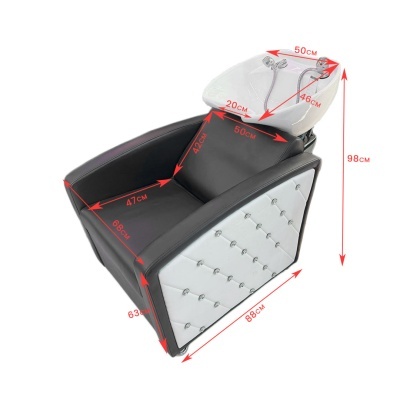 Cadeira de cabeleireiro preta com lavatório branco e medidas