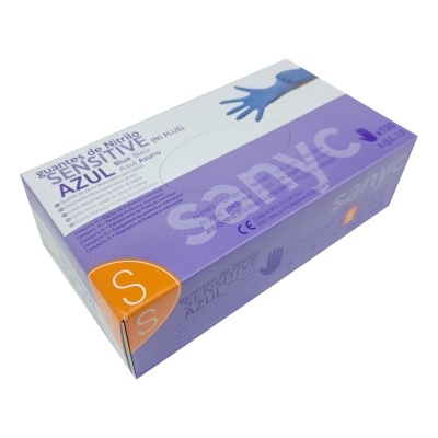 Caixa lilás e branca de luvas de nitrilo azuis tamanho S