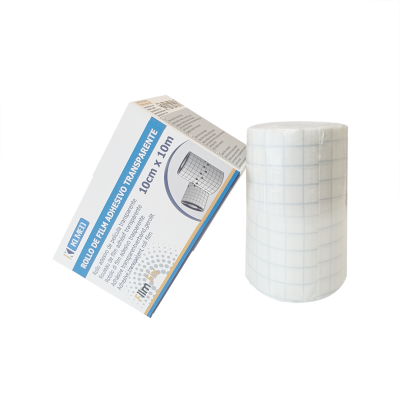 Rolo de película adesiva transparente com padrão quadriculado e embalagem branca e azul