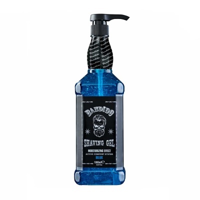 Frasco de gel de barbear azul com rótulo preto e doseador preto