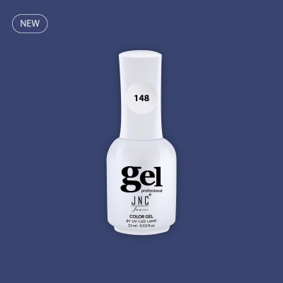 Frasco branco de verniz gel para unhas com tampa cónica e número 148, fundo azul escuro