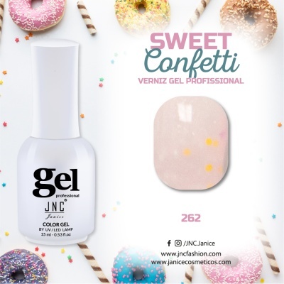 Verniz gel rosa SWEET Confetti com confetes coloridos, embalagem branca, donuts coloridos ao fundo