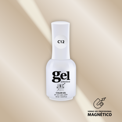 Frasco branco de verniz gel profissional para unhas com código C12 e texto informativo