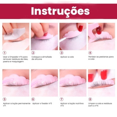 Passos para aplicar pestanas postiços com mãos femininas e instruções em português.