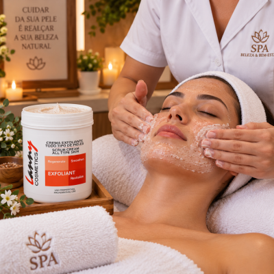 Creme esfoliante Lanny Cosmetics ao lado de mulher em tratamento facial num spa