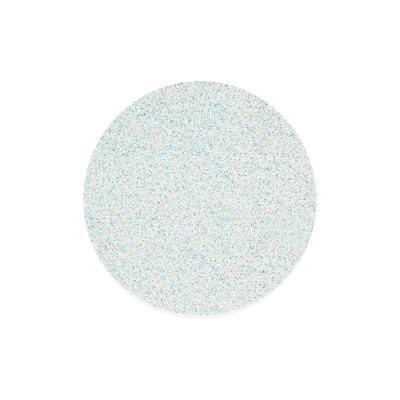 Prato redondo branco com padrão de pontos azuis e laranjas