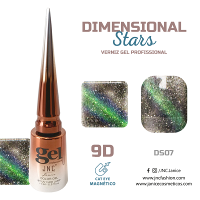 Frasco de gel para unhas com tampa dourada e amostras de unhas brilhantes multicolor