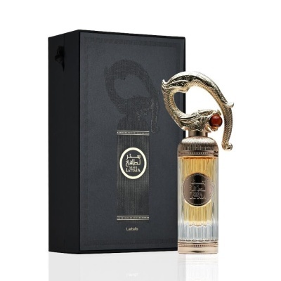 Frasco de perfume com tampa dourada e caixa preta