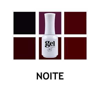 Frasco de verniz gel branco com quadrados coloridos roxos e vermelhos e texto NOITE