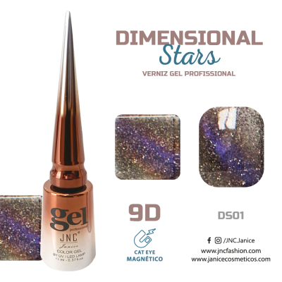 Frasco de gel para unhas cor cobre com amostras de gel glitter azul e roxo, texto informativo e ícones de contacto