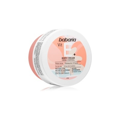 Creme corporal Babaria Vit E+ em embalagem branca e rosa