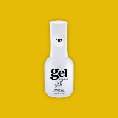 Frasco branco de verniz gel para unhas com texto e número 187 sobre fundo amarelo