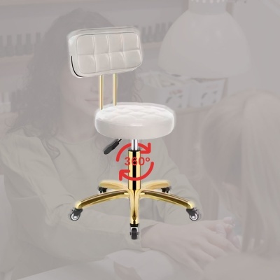 Cadeira de escritório branca com base dourada giratória e assento quadriculado