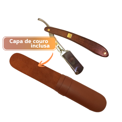 Navalha de barbear com cabo de madeira castanha e capa de couro marrom incluída