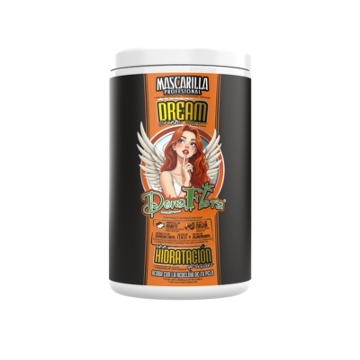 Frasco branco de máscara capilar Dream Dona Fibra com ilustração de mulher ruiva e asas