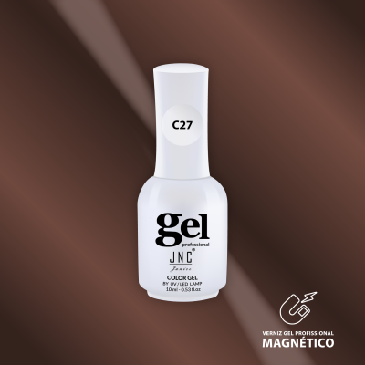Frasco branco de verniz gel profissional com etiqueta C27 e fundo castanho
