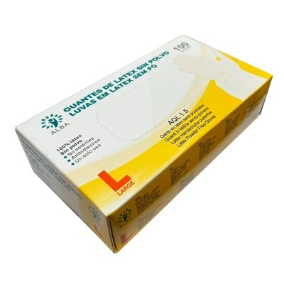 Caixa de luvas de látex sem pó branca com texto em verde e preto e fundo amarelo.