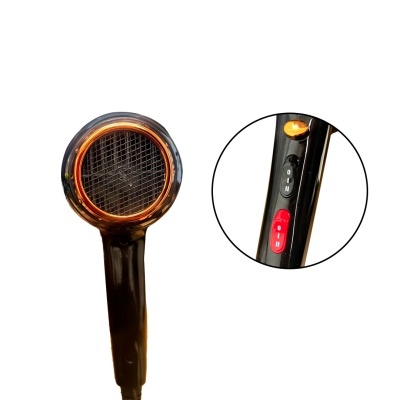 Secador de cabelo preto e castanho com botão vermelho e grelha frontal