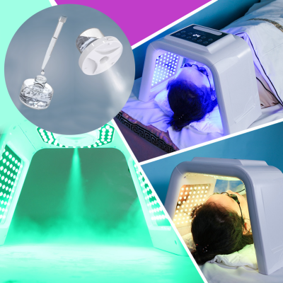 Dispositivo de terapia de luz LED facial em uso e frasco de vidro com conta-gotas